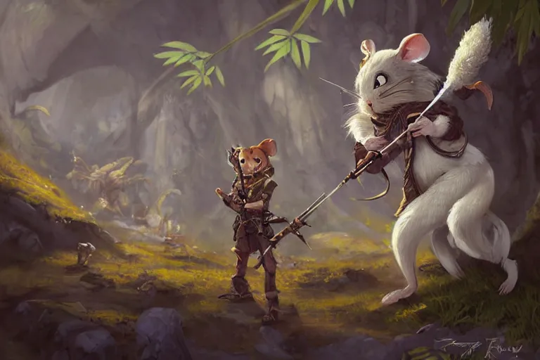 Image similar to dungeons and dragons fantasy painting, portrait of an ahigaru mouse with a matchlock, tanegashima, whimsical and cute, determined expression, watery eyes, anime inspired by krenz cushart, light grey fur, tufty whiskers, feathered arrows, bamboo forest, dawn lighting, by brian froud jessica rossier and greg rutkowski