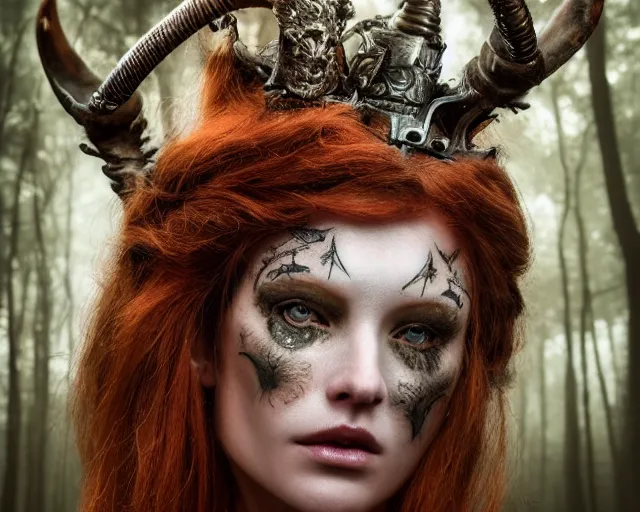 Image similar to 5 5 mm portrait photo of an armored gorgeous anesthetic redhead woman warrior with a face tattoo and sheep horns growing from her head, in a magical forest in the style of stefan kostic, art by luis royo. highly detailed 8 k. intricate. lifelike. soft light. nikon d 8 5 0. cinematic post - processing