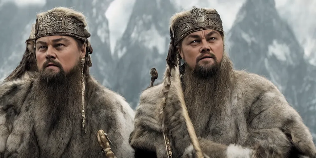 Image similar to Leonardo DiCaprio as Gengis Khan in 'Ghengis' (2021), movie still frame