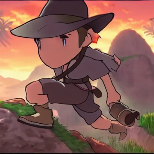 Prompt: Indiana Jones running away from boulder trap, rolling boulder, raiders of the lost ark, made in abyss anime style