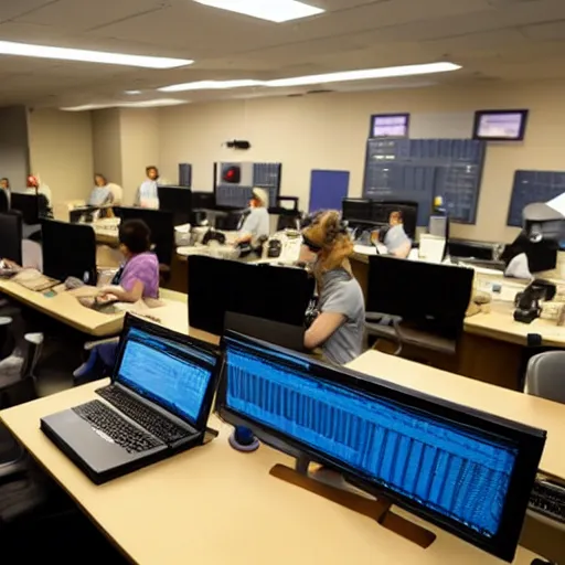 Image similar to the simpsons are sitting behind desks with computers in the animation studio, working on an episode