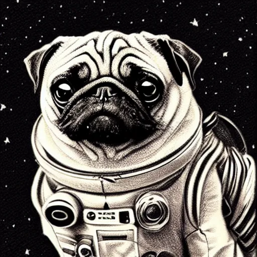 Image similar to pencil art, golden - ratio, spirals, highly detailed, astronaut pug in outer space by davinci.