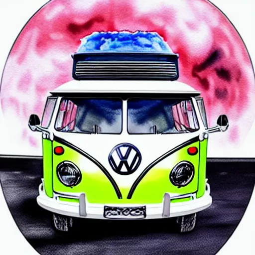 Image similar to a fisheye perspective caricature watercolor painting of a vw volkswagen bus, camper, bulli, type - 2, microbus, kombi, flying towards the camera, jumping at the viewer, dynamic action shot, fish eye lense, frontal, a dramatically erupting vulcano is seen in the background