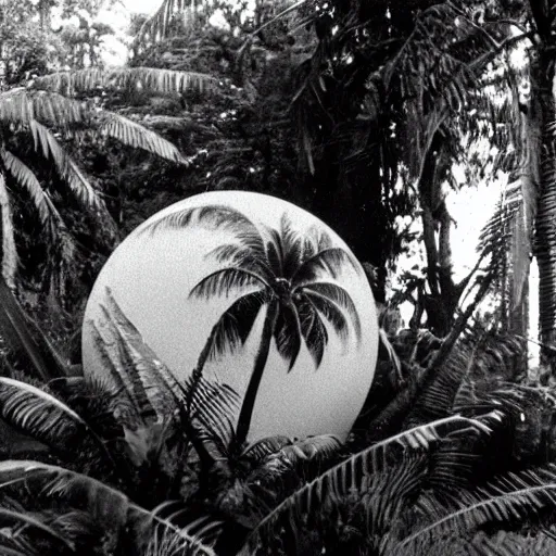 Image similar to a rizom lost film footage of a ( ( ( ( ( ( ( ( sphere ) ) ) ) ) ) ) in the middle of the tropical jungle / tribalism!!!!! / film still / cinematic / enhanced / 1 9 2 0 s / black and white / grain