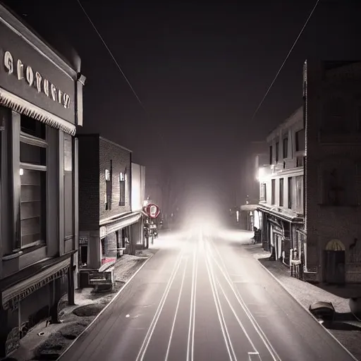 Prompt: A stunningly beautiful award-winning 8K high angle from 2nd floor cinematic movie photograph looking down diagonally across a spooky dark very foggy empty lightless moonlit main street intersection in an abandoned 1950s small town at night. perfect composition, moody low key backlit. Color palette from Seven, greens yellows and reds. 2 point perspective. Octane render