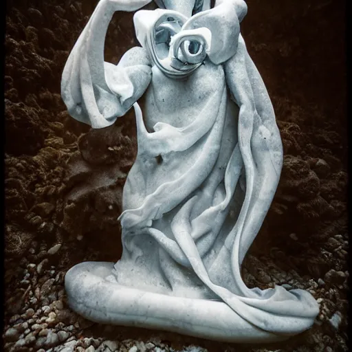 Prompt: illithid, eldritch, ancient marble statue, underwater photography