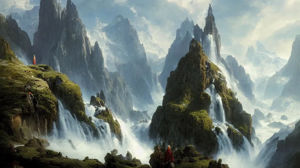 Prompt: elven spire above the great alpine waterfall. andreas achenbach, artgerm, mikko lagerstedt, zack snyder, tokujin yoshioka