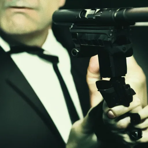 Prompt: Man in black suit pointing a silenced pistol at the camera in a dark room like James Bond