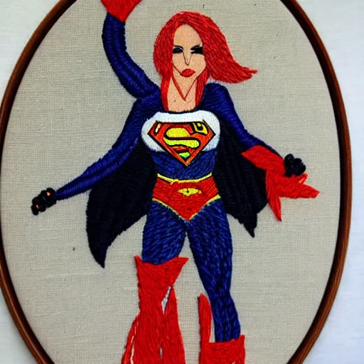 Image similar to a beautiful handmade embroidery of a woman dressed as a superhero. hand embroidery.