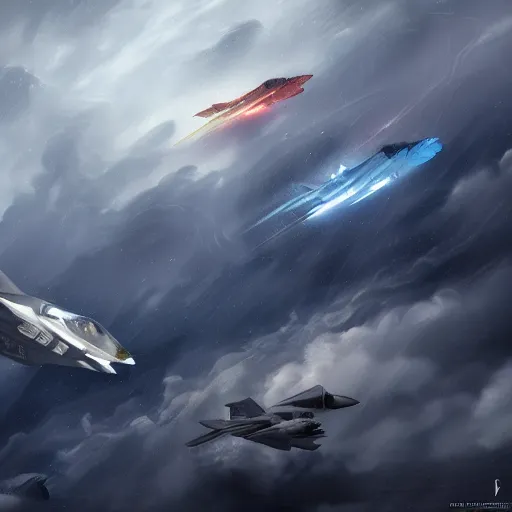 Image similar to f 3 5 jets in the storm clouds of jupiter, by cedric peyravernay, highly detailed, excellent composition, cinematic concept art, dramatic lighting, trending on artstation