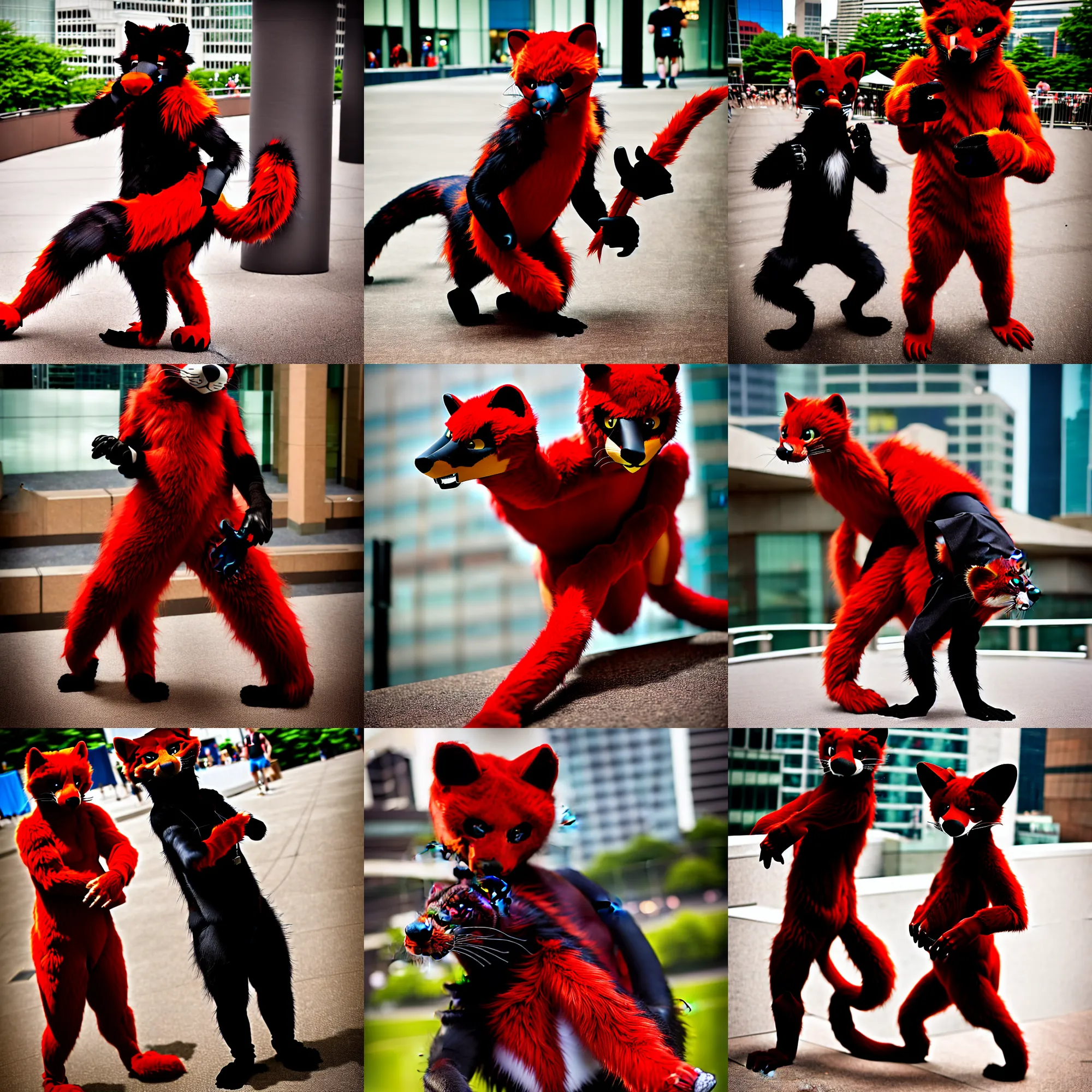 Image similar to fullbody photoshoot photo portrait of a roguish male red - black furred weasel furry fursuiter ( with tail ), taken at anthrocon ( furry convention )