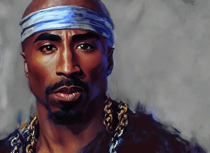 Prompt: a highly detailed beautiful portrait of tupac shakur as kratos, by gregory manchess, james gurney, james jean