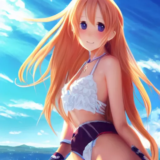 Image similar to a very beautiful young yuuki asuna playing guitar, full body, long wavy blond hair, sky blue eyes, full round face,, bikini, miniskirt, front view, mid - shot, highly detailed, cinematic wallpaper by stanley artgerm lau