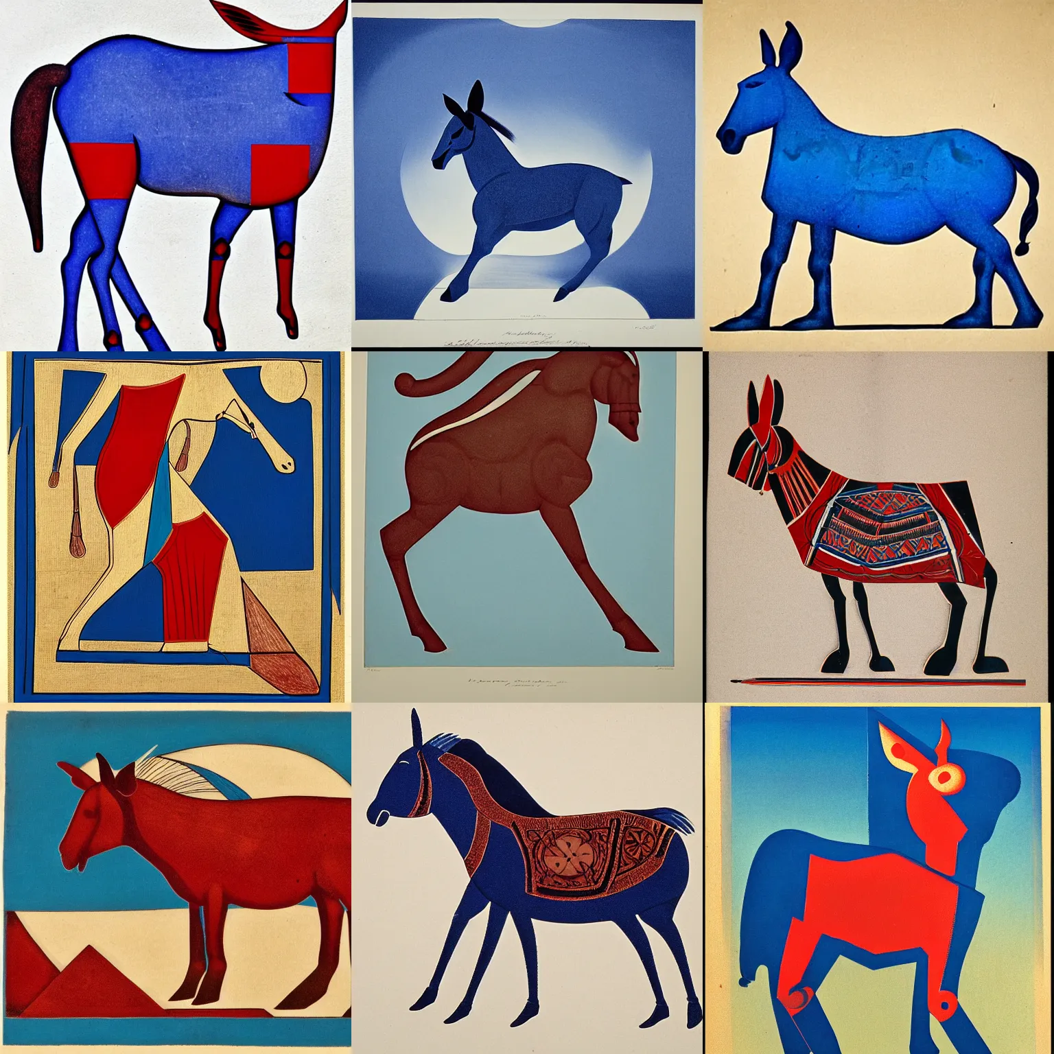 Prompt: lithograph of donkey in cycladic style, side view, silhouette, full body, solid colors, duotone, iconic, stylized, ultramarine blue and red iron oxide