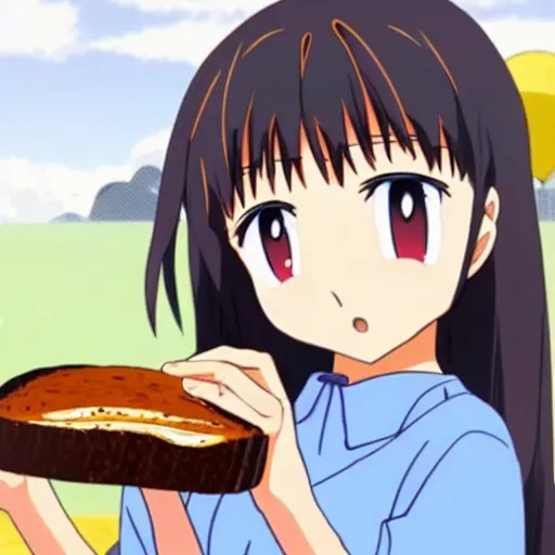 Image similar to mizuki from boku girl eating vegemite on toast disgustedly in anime style