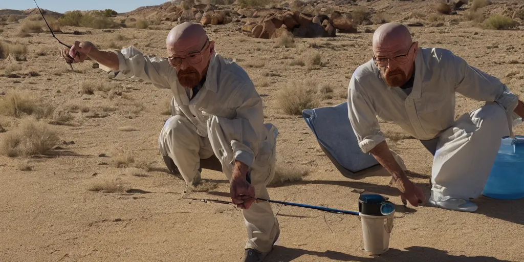 Image similar to walter white fishing in the desert, highly detailed, 8 k, masterpiece, super resolution.