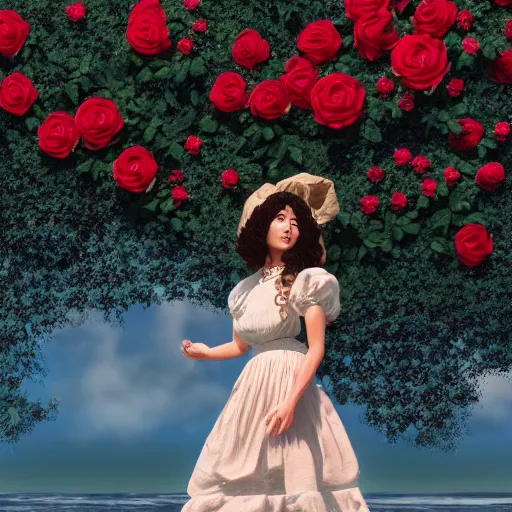 Image similar to a realistic wonderful lady dressed with a large and decorate majestic roses cotton dress that is coming out from a ocean, dramatic light, octane--8k