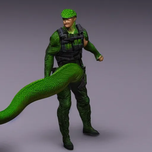 Image similar to long green serpent reptile combined with Solid Snake
