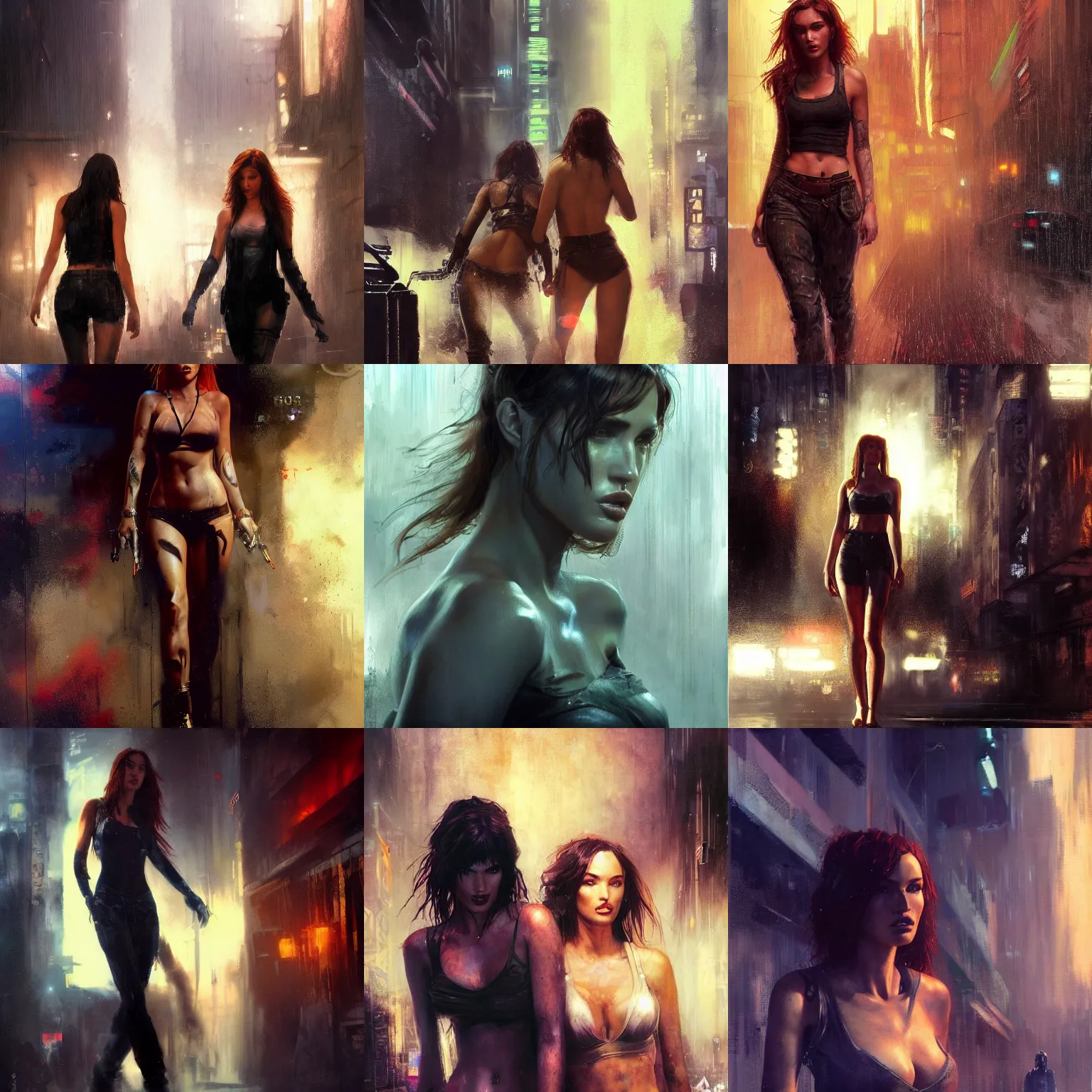 Image similar to bella thorne and megan fox, hyperrealistic full figure, bladerunner street, art of elysium by jeremy mann and frank frazetta, fantasy art, photo realistic, dynamic lighting, artstation, full figure poster, volumetric lighting, very detailed face, 4 k, award winning