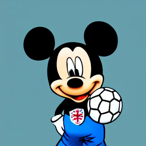 Image similar to a mickey wearing england soccer team shirt.