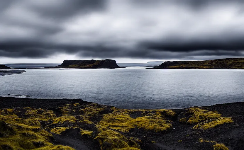 Image similar to icelandic landscape, moody, cinematic, muted colors,