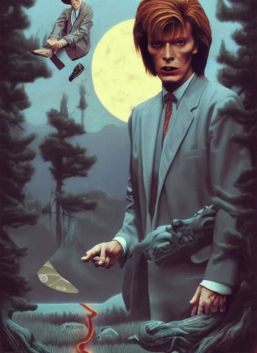 Prompt: twin peaks poster art, david bowie floating through the twilight zone, old retro pulp, by michael whelan, rossetti bouguereau, artgerm, nostalgic, old fashioned