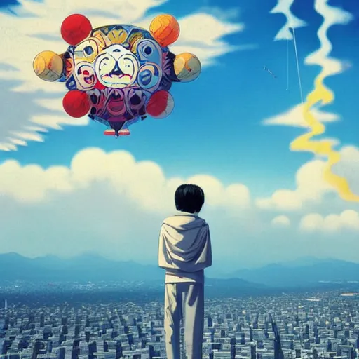 Image similar to a man walking on clouds above kyoto by takashi murakami, beeple and james jean, aya takano color style, 4 k, super detailed