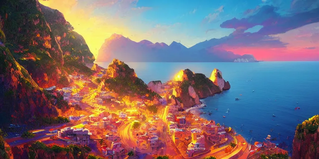 Prompt: epic professional digital art of a lonely street on a cliff over the sea at sunset in capri island, large sand beaches, best on artstation, colorful sylvain sarrailh concept art, by peter chan, pixar movie, upscaled, perfect composition , golden ratio