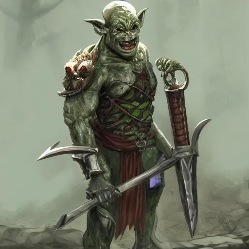 Image similar to Bald goblin with two heads and green eyes wielding a greatsword inside a decaying ancient fantasy temple. He wears a rusty silver armor, trending on artstation, dark fantasy, concept art