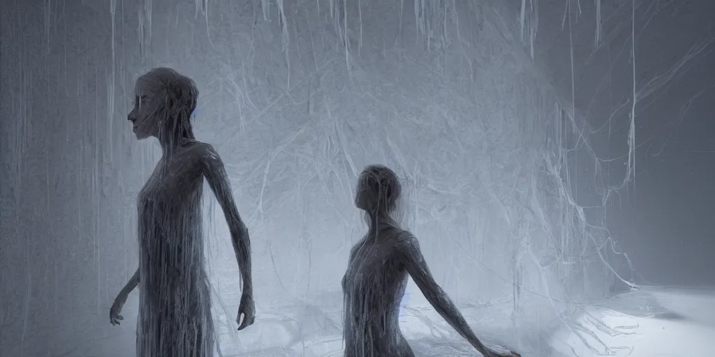 Image similar to rgb, a frozen woman, bedroom full of ice, sadness, cinematic, movie scene, inspired by zdzislaw beksinski, clothes made out of veins,, cables everywhere, bedroom, ultra realistic, concept art, intricate details, highly detailed, photorealistic, octane render, 8 k