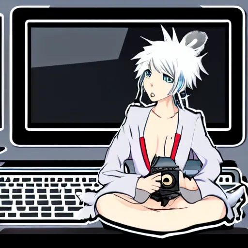 Prompt: an anime girl with white hair, polar bear ears, and an open, black coat playing a video game. drawn in an anime art style