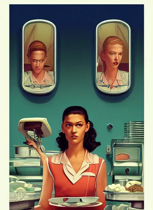 Prompt: poster artwork by Michael Whelan, Bob Larkin and Tomer Hanuka, Karol Bak of Zendaya is a high school student working at the diner wearing waitress dress, from scene from Twin Peaks, simple illustration, domestic, nostalgic, from scene from Twin Peaks, clean
