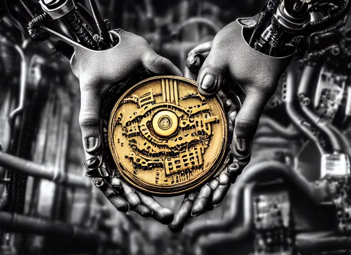 Image similar to mechanical cybernetic hand holding a coin that's worth 1 human soul in hell. centered. horror cyberpunk dystopia style. highly detailed 8 k. intricate. nikon d 8 5 0 3 0 0 mm. award winning photography.