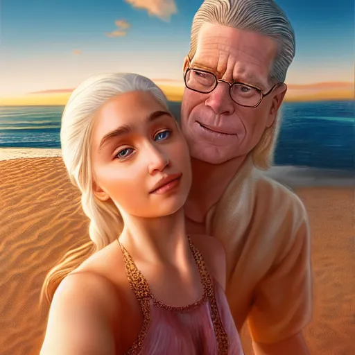 Image similar to beautiful serene intricate portrait of daenerys targaryen and hank hill taking a selfie, smiling softly, relaxing on the beach, golden hour, soft focus, 8 k, art by irakli nadar, hyperrealism, hyperdetailed, ultra realistic