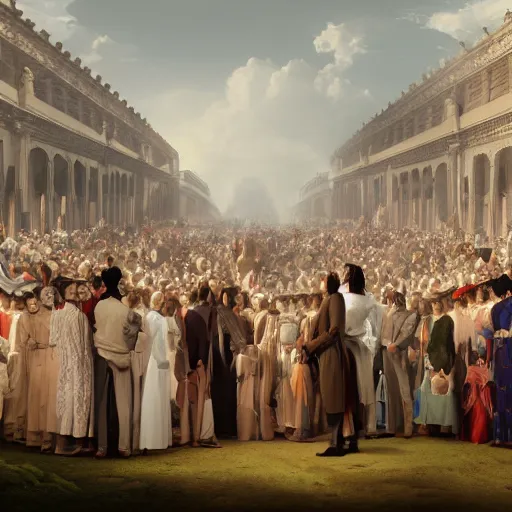 Image similar to portrait of a regal prince with sharp cheekbones, white clothes, high collar, surrounded by a crowd of peasants, modern digital art, matte painting