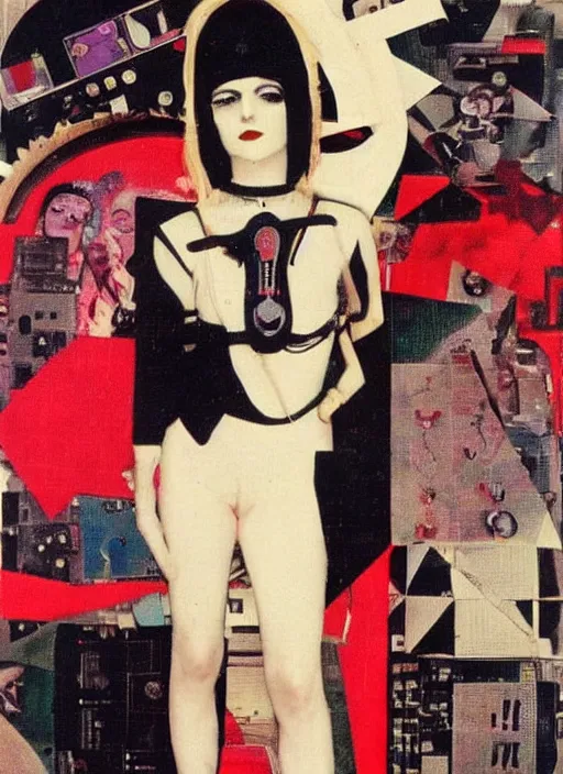 Prompt: cute punk goth fashion fractal alien martian young Debbie Harry wearing kimono made of circuits and leds, surreal Dada collage by Man Ray Kurt Schwitters Hannah Höch Alphonse Mucha, red and black