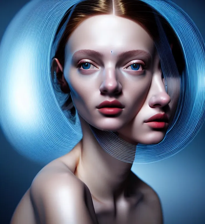 Image similar to hyperrealism photography computer simulation visualisation of parallel universe cgi scene with beautiful highly detailed ukrainian woman by caravaggio wearing neofuturistic neural interface by josan gonzalez - s 1 5 0