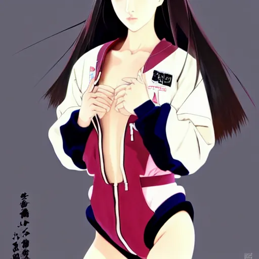 Image similar to a beautiful japanese natalie portman gravure model, wearing oversized native designer bomber jacket and leotard with overalls, bulky poofy bomber jacket with mesoamerican patterns, mesoamerican native street fashion, gapmoe yandere grimdark, trending on pixiv fanbox, painted by greg rutkowski makoto shinkai takashi takeuchi studio ghibli, akihiko yoshida