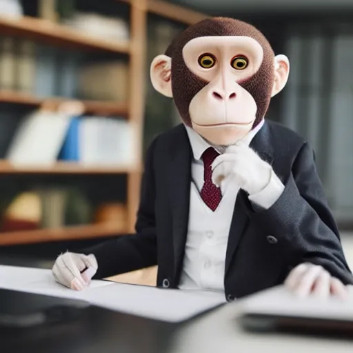 Image similar to a monkey in a suit sitting at a desk