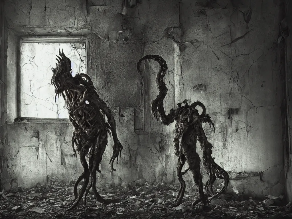 Image similar to mutant hunchback creature lurking in the corner of a room in an abandoned building, color photograph, realistic, dirty windows, debris, tentacle beast, dust, bleak apocalyptic style, creepypasta, ominous vibe, sharp fangs