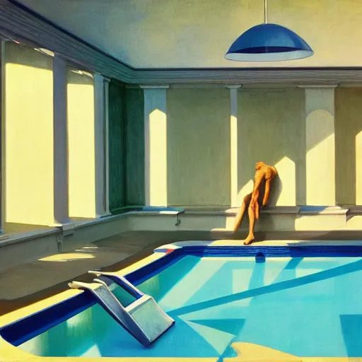 Prompt: A pool inside a british catle, very coherent, painted by Edward Hopper, Wayne Barlowe, painted by James Gilleard, airbrush, art by JamesJean