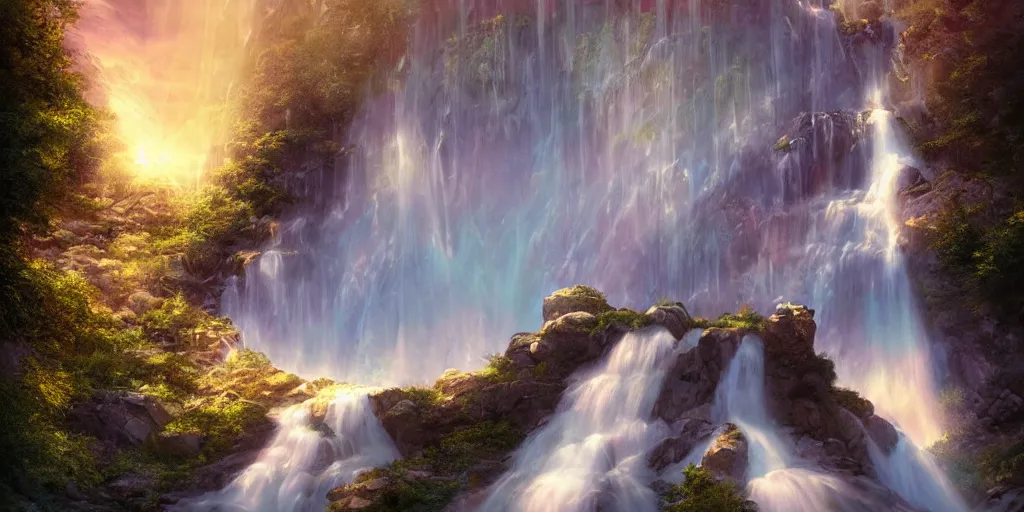 Prompt: beautiful waterfall between lush mountains in the sunset casting rays of light, highly detailed, sharp focus, artgerm, cgsociety, desaturated