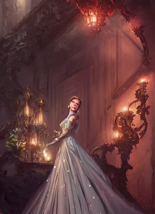 Prompt: a beautiful woman in an elaborate ballgown. painting by artgerm and greg rutkowski and magali villanueve.