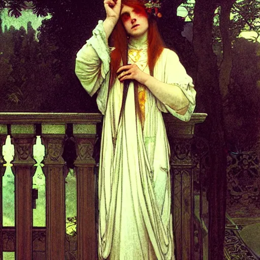 Image similar to A girl with on the front of a Balustrade porch with a hedge maze on the background, major arcana occult clothes, by paul delaroche, alphonse mucha and arnold böcklin arnold böcklin hyperrealistic 8k, very detailed