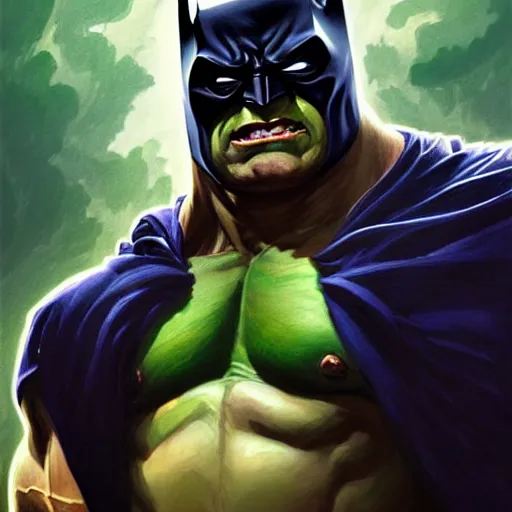 Prompt: portrait of the hulk as batman, intricate elegant, highly detailed, digital painting, artstation, concept art, smooth, sharp focus, illustration, art by ( artgerm ) and greg rutkowski! and ( alphonse mucha ), heavily influenced by frank frazetta and boris vallejo, sword and sorcery