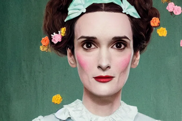 Prompt: mid-shot concept art of Winona Ryder as a maid in the new movie directed by Wes Anderson, symmetrical shot, idiosyncratic, relentlessly detailed, pastel, limited colour palette, detailed face, movie still frame, promotional image, imax 70 mm footage