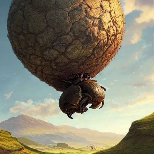 Image similar to a dung beetle pushing the earth up a hill, ultra realistic, concept art, intricate details, highly detailed, photorealistic, octane render, 8 k, unreal engine. art by artgerm and greg rutkowski and magali villeneuve and alphonse mucha