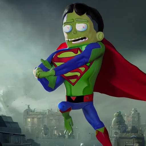 Image similar to pickle rick as superman! in gears of war, splash art, movie still, detailed face, photorealistic facial features, cinematic lighting, dramatic, octane render, long lens, shallow depth of field, bokeh, anamorphic lens flare, 8 k, hyper detailed, 3 5 mm film grain