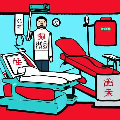 Image similar to chinese surgery operating table, in the style of daniel johnston and simon stålenhag and outsider art, 8k, line brush, overlaid with chinese adverts