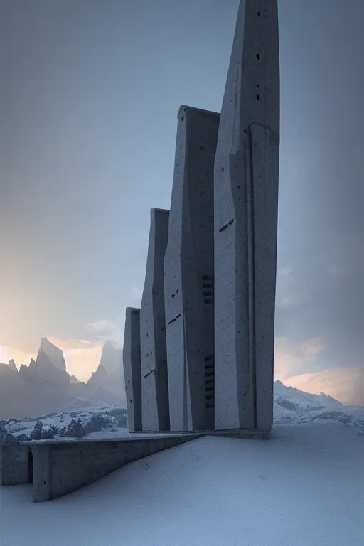 Image similar to sci - fi concrete brutalist architecture in the italian dolomites, snowfall, rutkowski, zaha hadid, beksinski, oil painting, photoreal, highly detailed, 8 k, hd, vray, artstation, cinematic matte painting, extreme detail photo quality, sunset, featured on behance